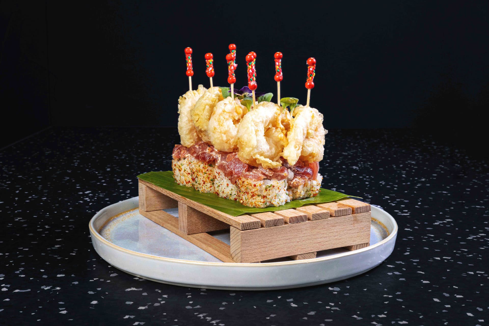 <p>Avocado, cucumber, spicy tuna tartare and shrimp tempura</p>