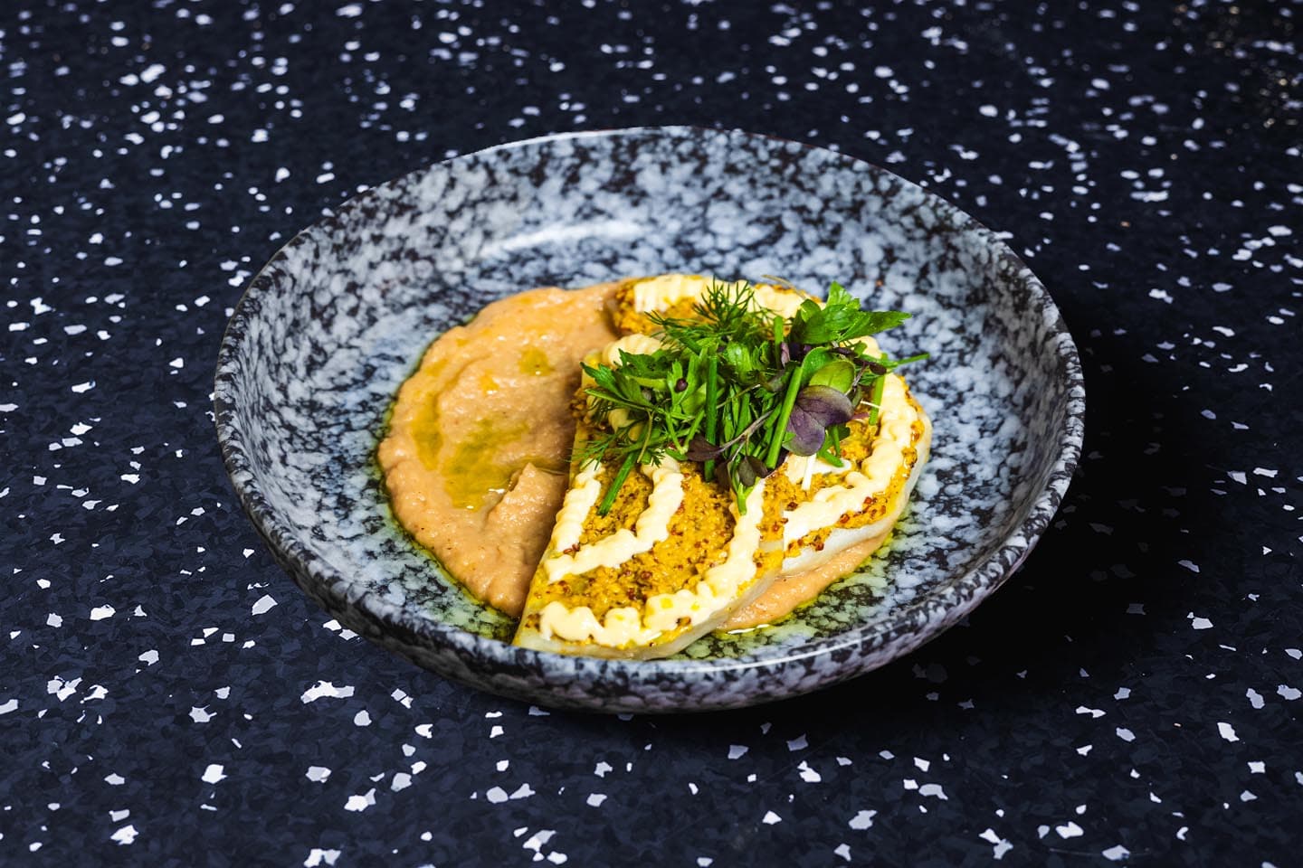 <p>Mustard, miso mayonnaise, sakura cress, parsley oil</p>