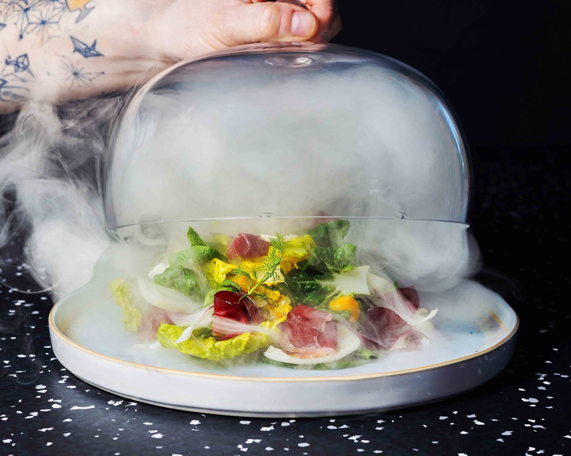 <p>Lukewarm smoked duck breast, bok choy, lettuce, radish, fennel, mint, parsley, lemon with olive oil dressing</p>