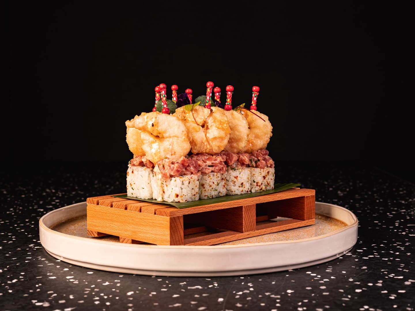 <p>Avocado, cucumber, spicy tuna tartare and shrimp tempura</p>