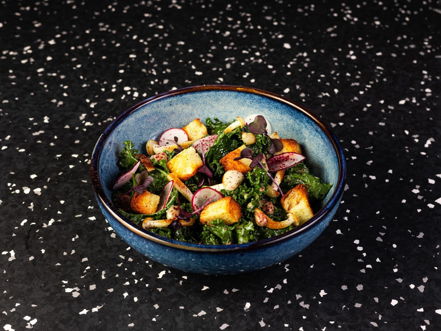 <p>Marinated green kale, Shimeji mushrooms, herb croutons, mustard sauce</p>