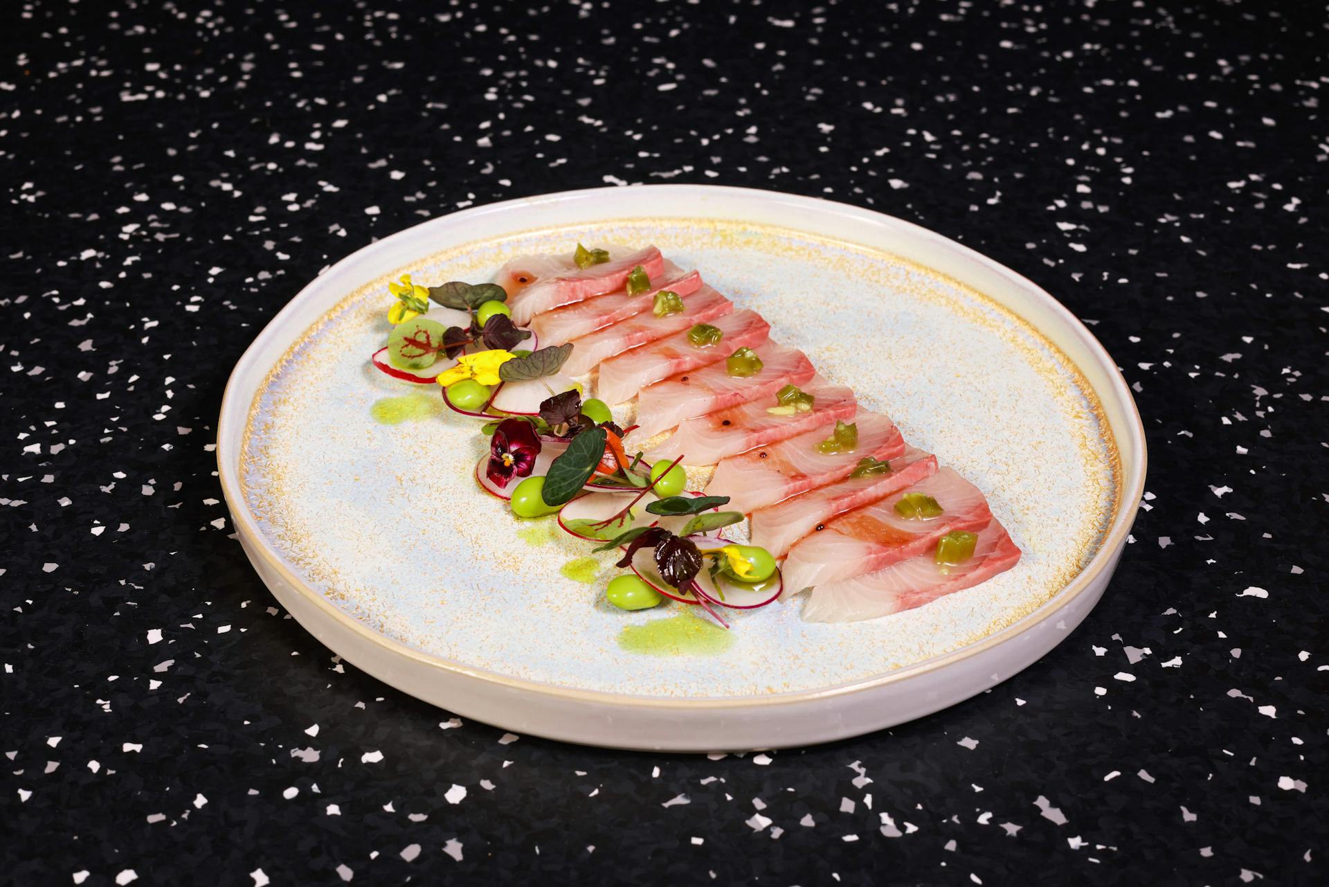 <p>King fish with wasabi, citrus and ginger oil</p>
