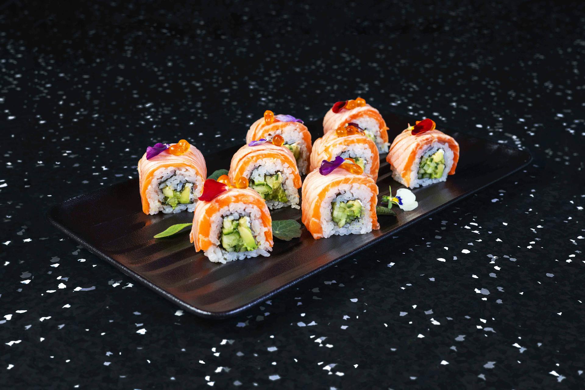 <p>Cucumber and avocado maki, philadelphia cheese with flame-torched salmon</p>